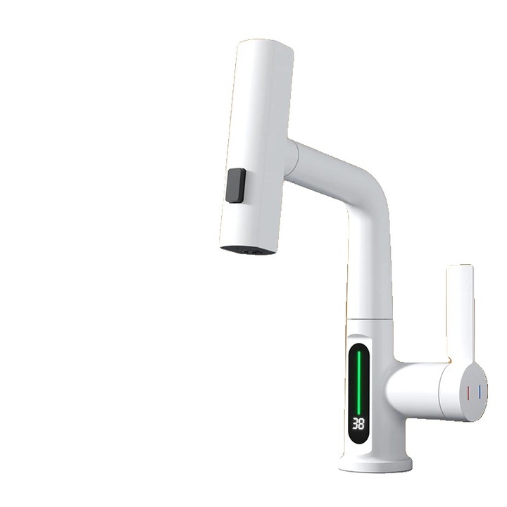 Csaptelep kihúzható kialakítással, vízesés funkcióval, digitális kijelzővel, fehér