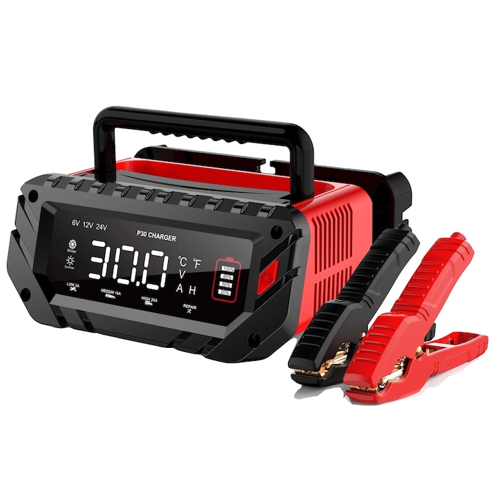 Incarcator de baterie auto, Negru/Rosu, 6V, 12V, 25V, 30A
