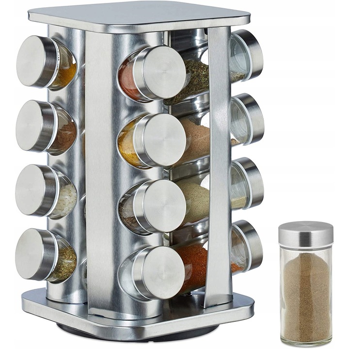Stojak pentru condimente, 16 recipiente, inox, rotire 360°