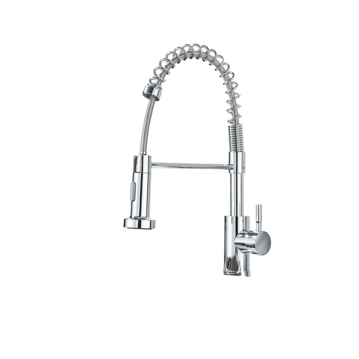 Modern designű rozsdamentes acél csaptelep, kihúzható zuhanyfejjel, króm, munkalapra szerelhető