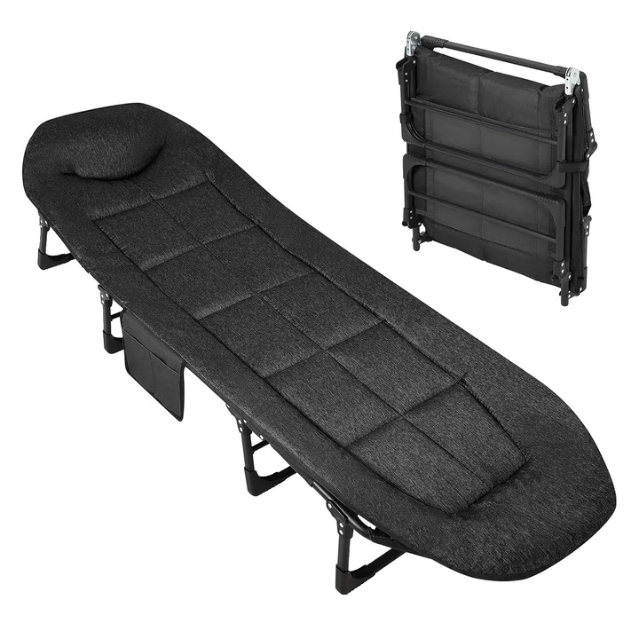 Pat pliabil portabil, Negru, Negru, Capacitate 227 kg, 190x60x30cm