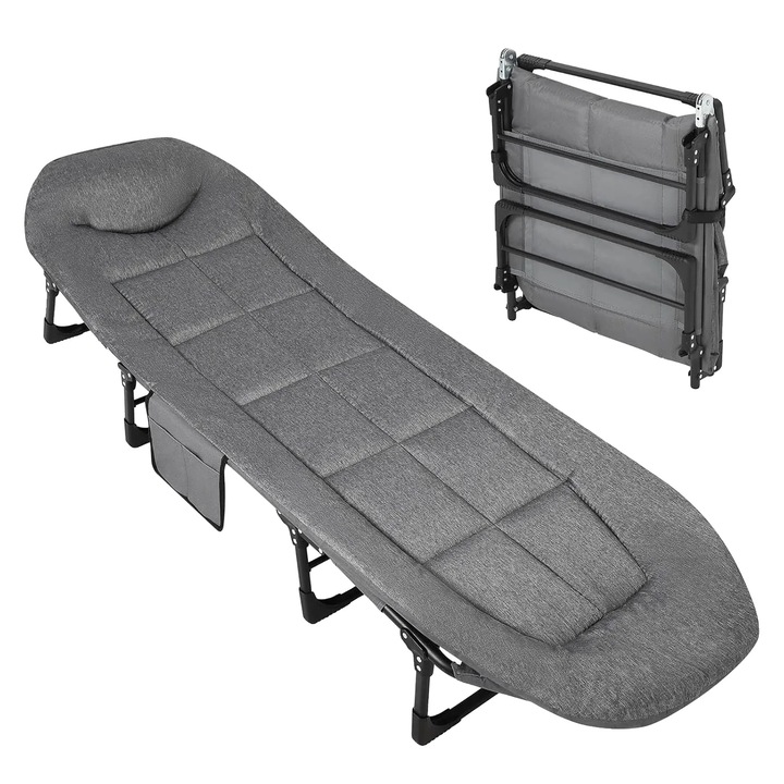 Pat pliant portabil, Gri, Capacitate 227 kg, 200x60x30cm