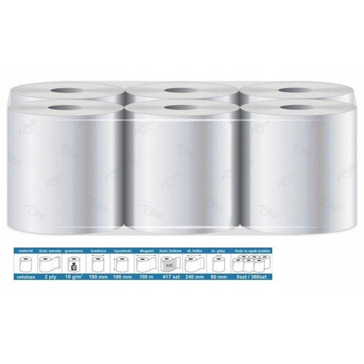 Prosoape de hartie, 100m, 6 bucati, alb, celuloza, 19cm