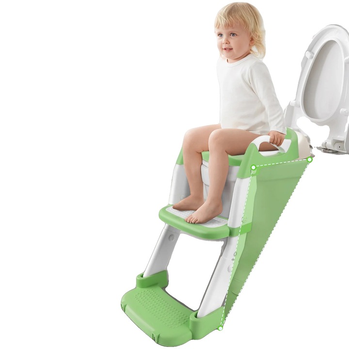 Scaun de toaleta cu trepte integrate pentru copii, protectie impotriva stropirii, verde, dimensiune universala