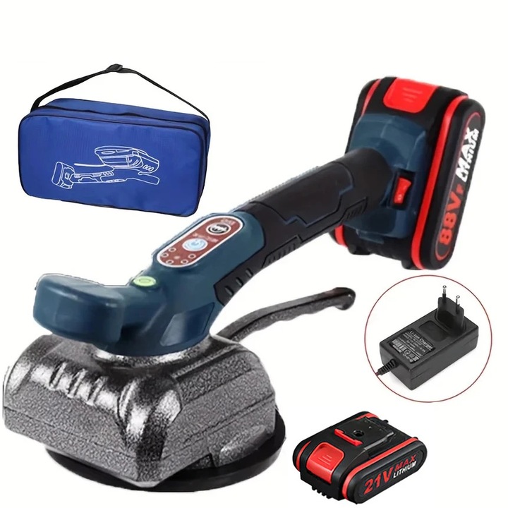 Vibrator pentru placi, Masina de montat gresie, Fara fir, Nivelare automata, Capacitate mare de incarcare, Perete si podea, 1 Acumulator, Bej