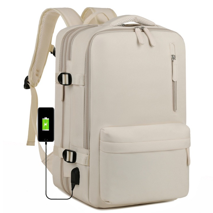Rqiurpn utazó hátizsák, 30L, bővíthető, vízálló, USB porttal, bézs