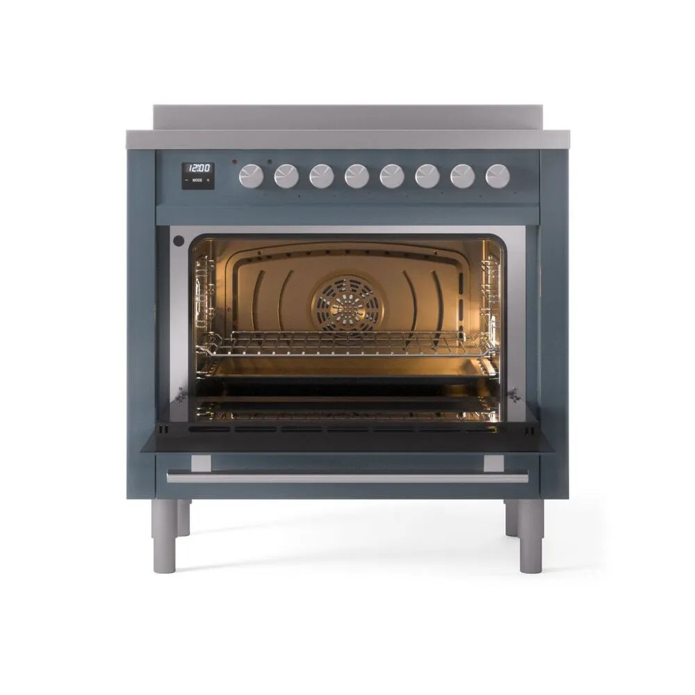 Aragaz electric cu plita pe inductie clasa A+ ILVE, colectie Professional Plus, 90 cm, 10 programe cuptor, 6 zone gatire plita, temperatura 30-300°C, iluminare interioara duala, multi-zona Bridge, Easy Clean, suport grill/rotisor, albastru petrol/argintiu