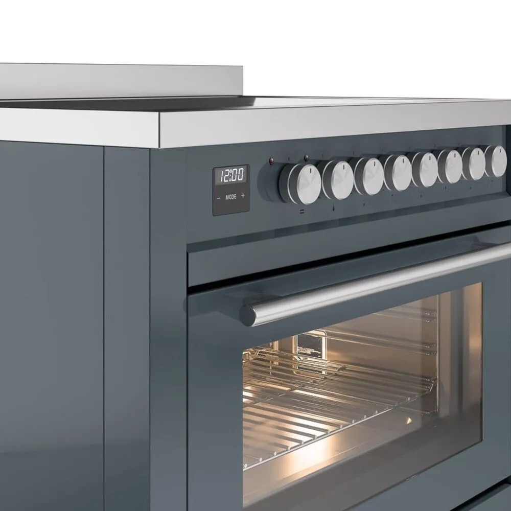 Aragaz electric cu plita pe inductie clasa A+ ILVE, colectie Professional Plus, 90 cm, 10 programe cuptor, 6 zone gatire plita, temperatura 30-300°C, iluminare interioara duala, multi-zona Bridge, Easy Clean, suport grill/rotisor, albastru petrol/argintiu