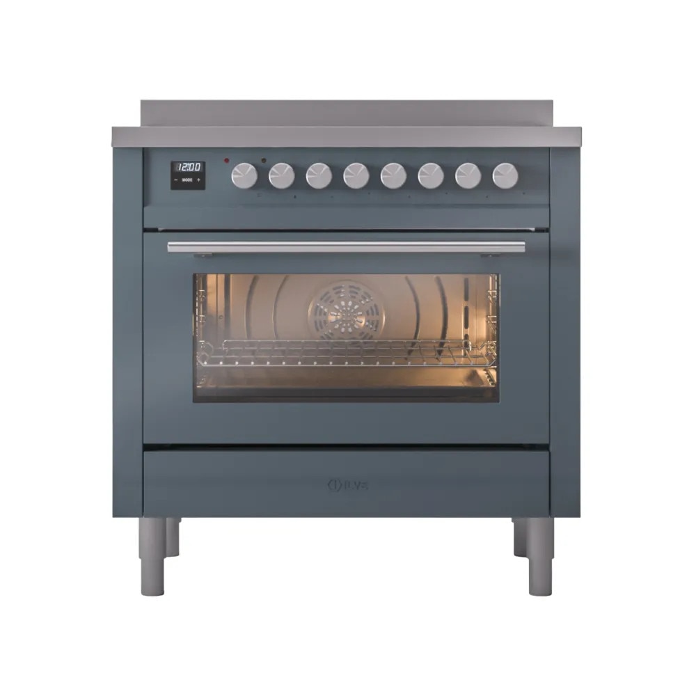 Aragaz electric cu plita pe inductie clasa A+ ILVE, colectie Professional Plus, 90 cm, 10 programe cuptor, 6 zone gatire plita, temperatura 30-300°C, iluminare interioara duala, multi-zona Bridge, Easy Clean, suport grill/rotisor, albastru petrol/argintiu