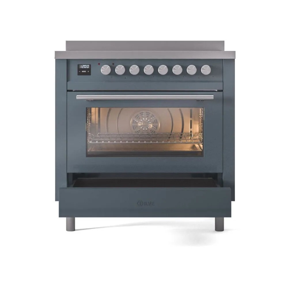 Aragaz electric cu plita pe inductie clasa A+ ILVE, colectie Professional Plus, 90 cm, 10 programe cuptor, 6 zone gatire plita, temperatura 30-300°C, iluminare interioara duala, multi-zona Bridge, Easy Clean, suport grill/rotisor, albastru petrol/argintiu