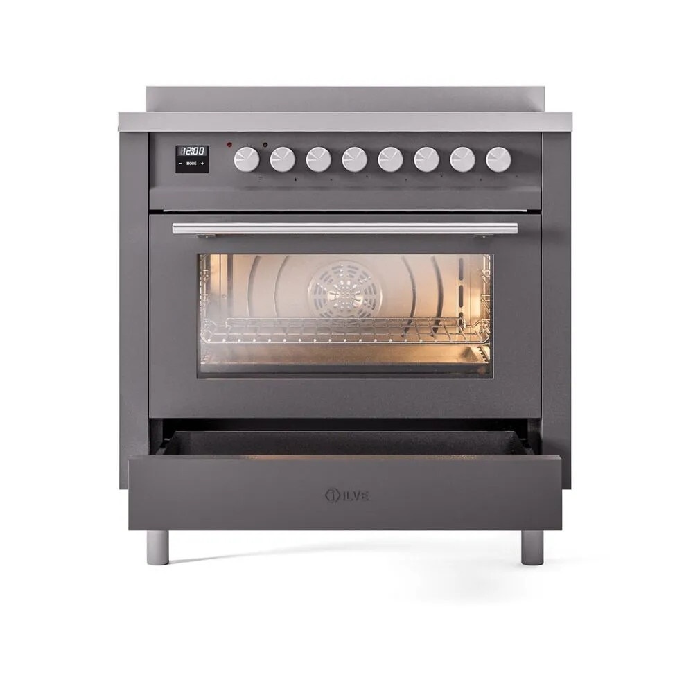 Aragaz electric cu plita pe inductie clasa A+ ILVE, colectie Professional Plus, 90 cm, 10 programe cuptor, 6 zone gatire plita, temperatura 30-300°C, iluminare interioara duala, multi-zona Bridge, Easy Clean, suport grill/rotisor, gri mat/argintiu