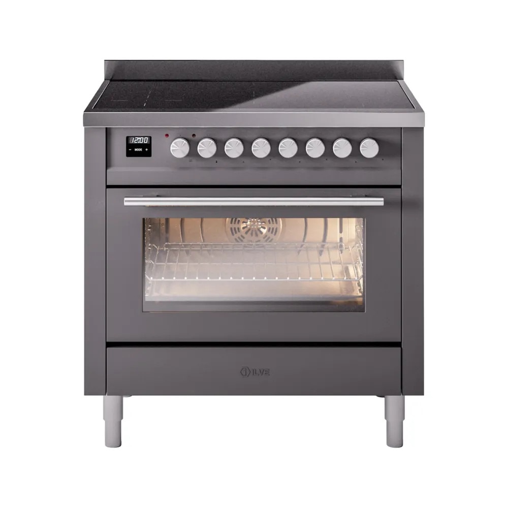 Aragaz electric cu plita pe inductie clasa A+ ILVE, colectie Professional Plus, 90 cm, 10 programe cuptor, 6 zone gatire plita, temperatura 30-300°C, iluminare interioara duala, multi-zona Bridge, Easy Clean, suport grill/rotisor, gri mat/argintiu