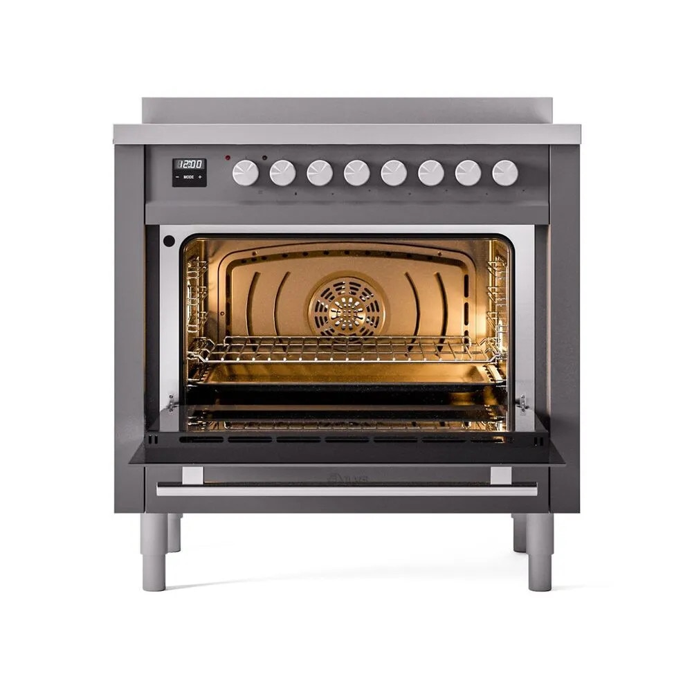 Aragaz electric cu plita pe inductie clasa A+ ILVE, colectie Professional Plus, 90 cm, 10 programe cuptor, 6 zone gatire plita, temperatura 30-300°C, iluminare interioara duala, multi-zona Bridge, Easy Clean, suport grill/rotisor, gri mat/argintiu