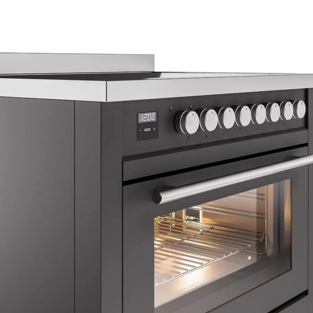 Aragaz electric cu plita pe inductie clasa A+ ILVE, colectie Professional Plus, 90 cm, 10 programe cuptor, 6 zone gatire plita, temperatura 30-300°C, iluminare interioara duala, multi-zona Bridge, Easy Clean, suport grill/rotisor, gri mat/argintiu