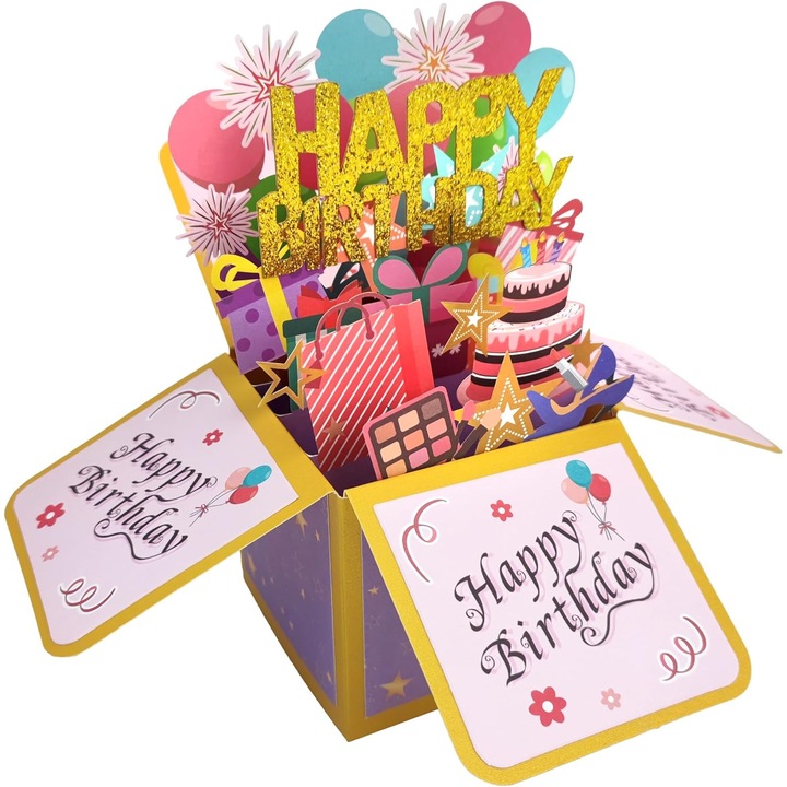 Felicitari de ziua de nastere pop-up distractive, ambalate frumos intr-o cutie cadou 3D, potrivite pentru adulti si copii, include un plic, felicitari unice, pliabile, realizate manual, perfecte pentru fiice, fii, mame, tati si prieteni