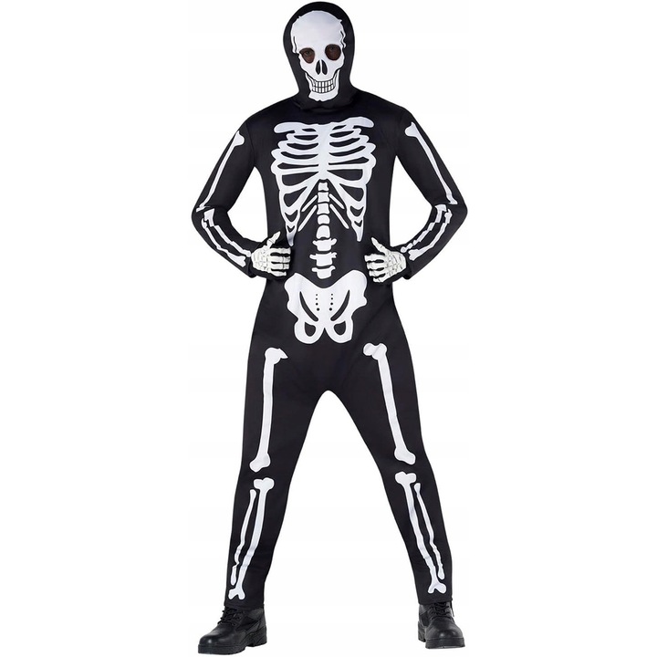 Costum schelet Halloween XXL, cu gluga si ochi din plasa, material usor si durabil