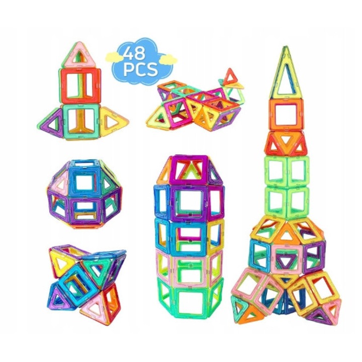 Set de constructie magnetice, 48 elemente, pentru copii 3+, multicolor
