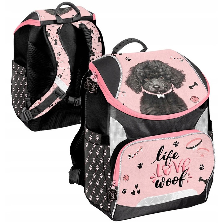 Prémium iskolatáska fekete kutyás mintával, 34x28x13cm, 1 rekeszes, 3 zsebbel