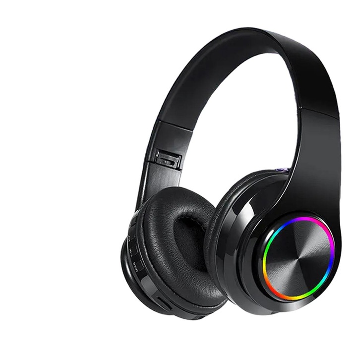 FooFoony vezeték nélküli Bluetooth 5.0 fejhallgató, térhatású sztereó hangzás, összecsukható, színes fényekkel, fekete