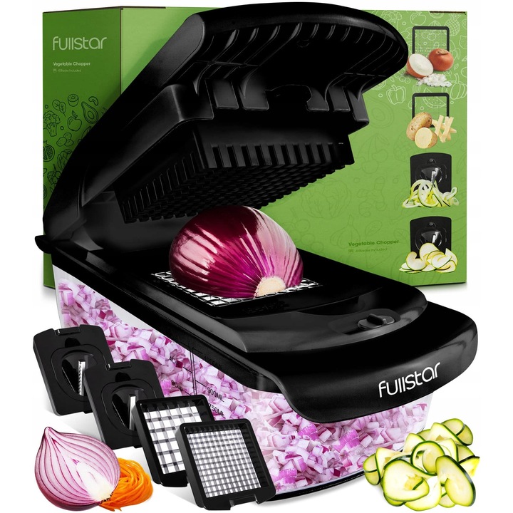 Feliator manual de legume, Fullstar, 4 functii, culoare neagra, dimensiuni 12x11,4x20cm, set complet