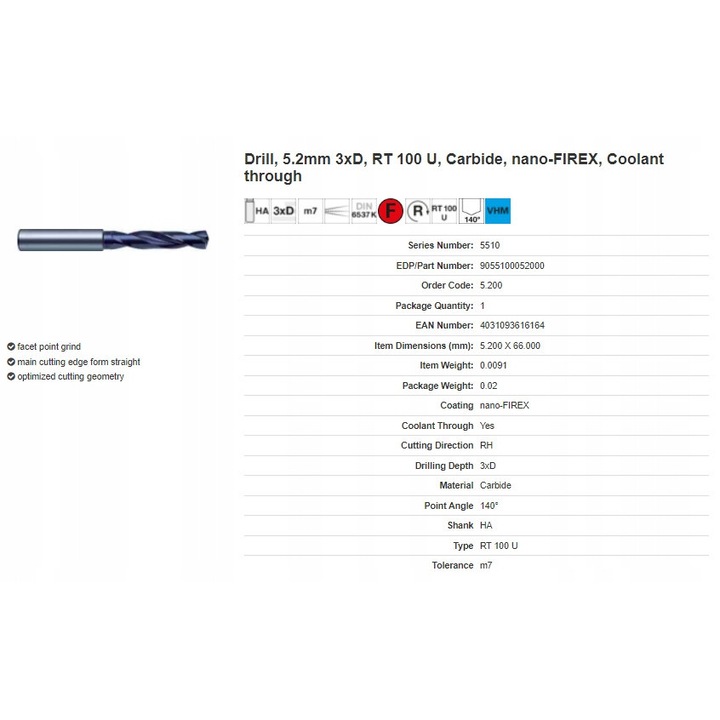 Set de burghie GUHRING VHM 5,20mm, 3xD, cu racire interna