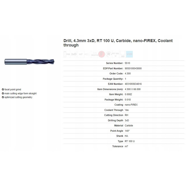 Set de burghie SuperLine, 4,30mm, cu racire interna, 3xD, pentru materiale dure