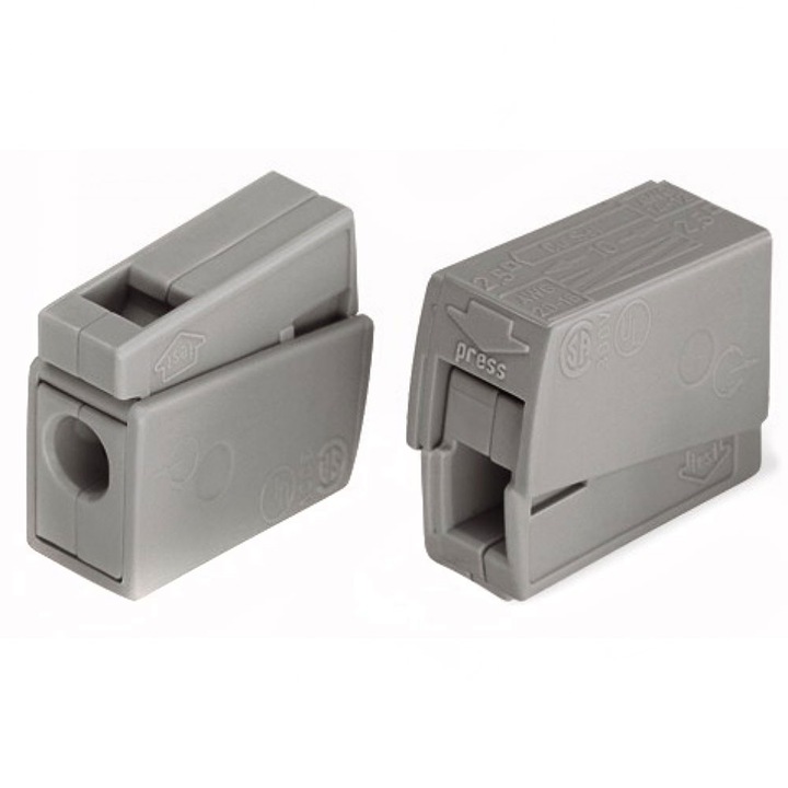 Conector rapid de iluminat Wago 224-101, 2 x 1-2,5 mm2, cu levier de blocare, gri deschis, 100 buc.