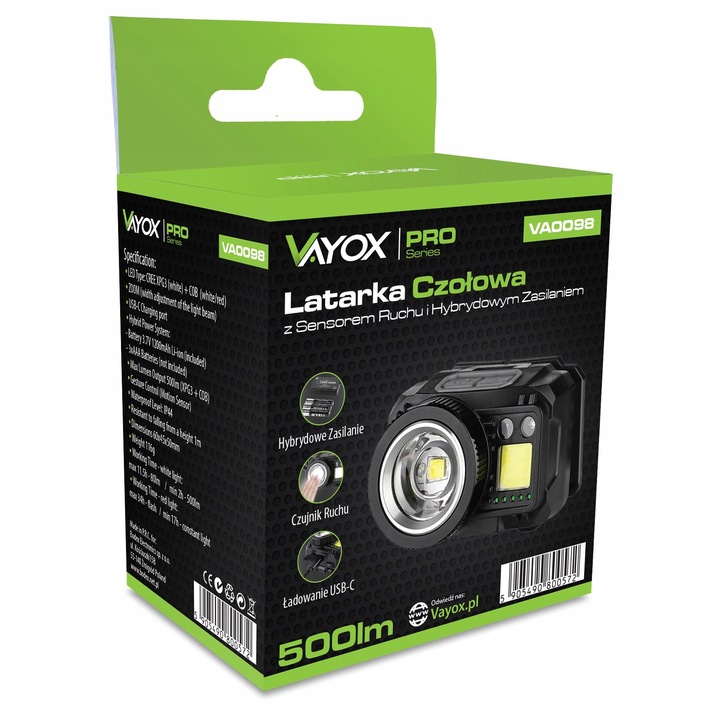 Vayox VA0098 fejlámpa, 500 lumen, fehér és piros, USB-C töltés, teljes készlet