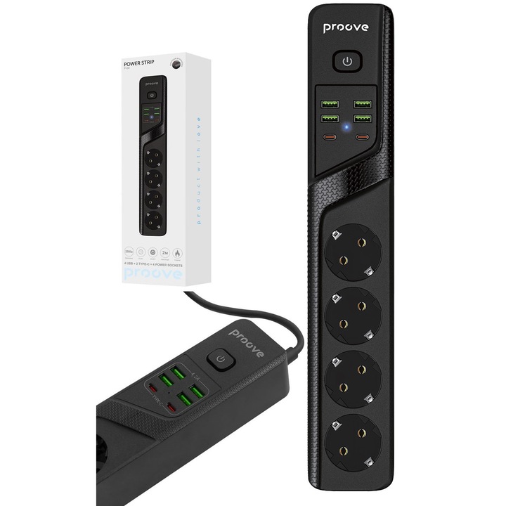 Prelungitor Proove P-04, 2m, 4 gniazde AC, 4 USB, 2 Type-C, protectie impotriva supratensiunii, negru