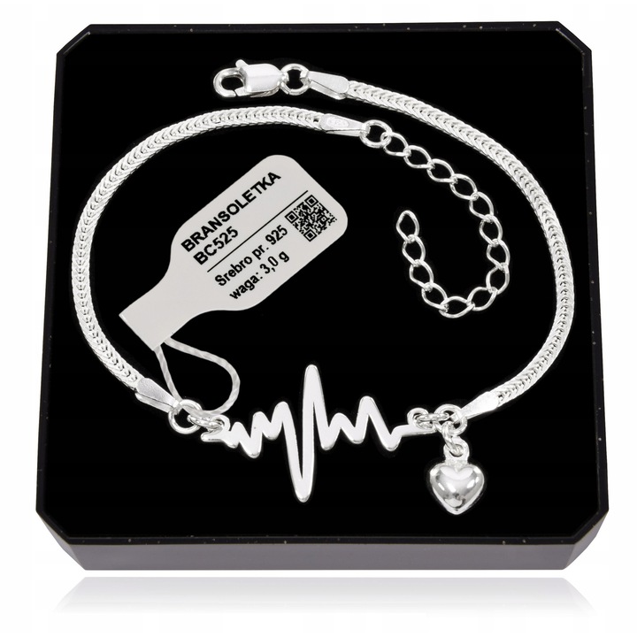 Bratara argintie linia vietii EKG cu inima, 17-21 cm