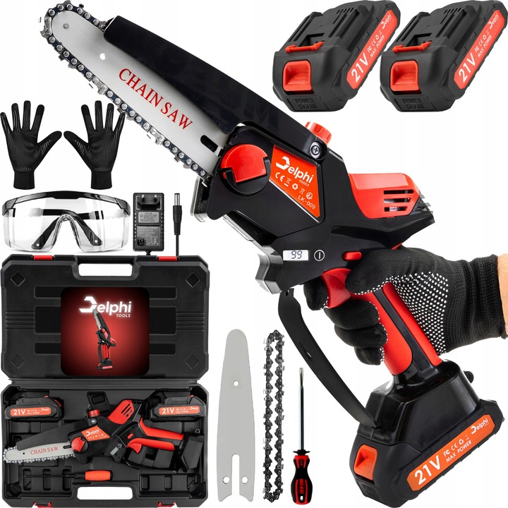 Delphi Tools 6" elektromos láncfűrész, 1200W, piros/fekete, teljes készlet 2 akkumulátorral