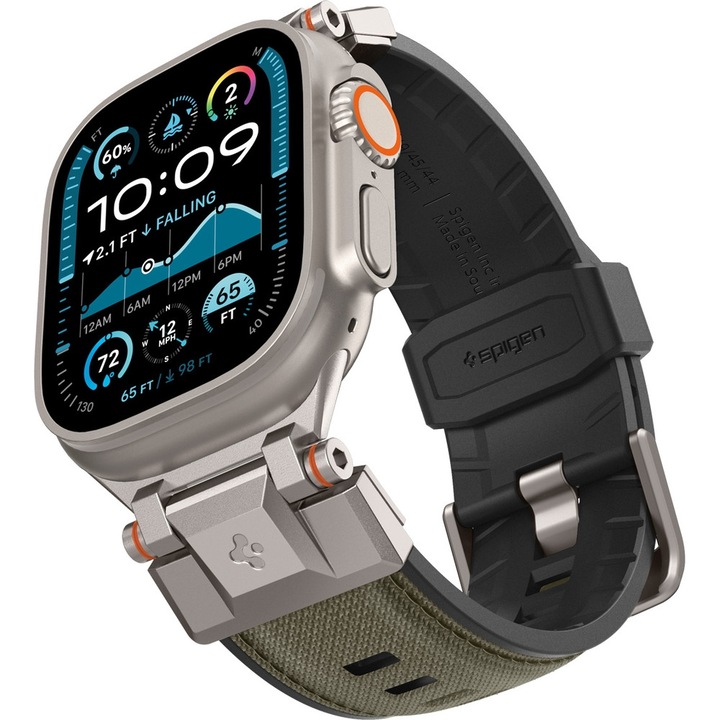 Spigen, Curea pentru Apple Watch din TPU si nylon DuraPro Armor, cu zavoare metalice si catarama, Verde militar/Negru, 26 mm