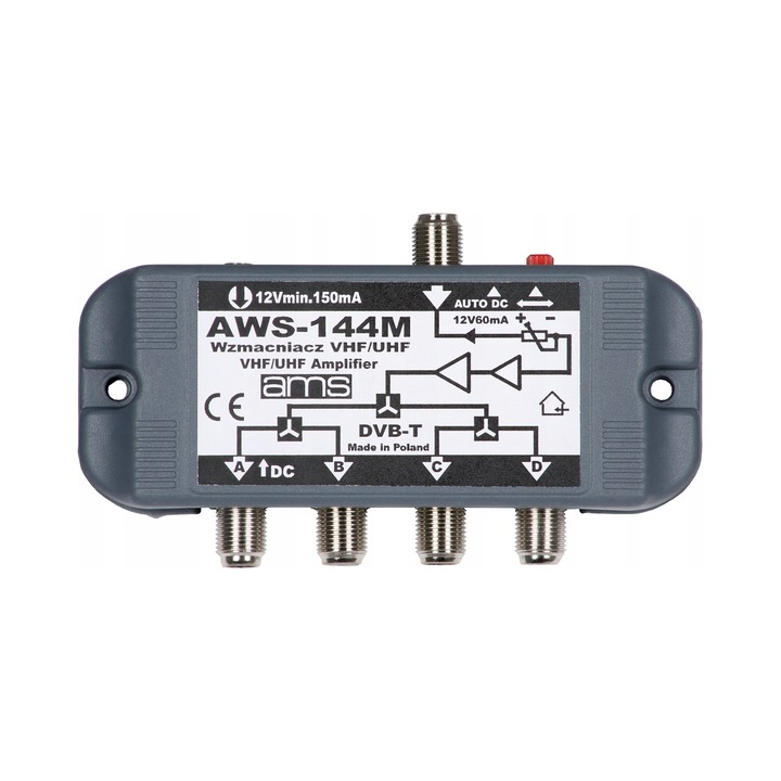 DVB-T2 beltéri antennajelerősítő, 1 bemenet/4 kimenet, 14/17 dB, 87-694 MHz, 12V 300mA tápegységgel és F típusú csatlakozókkal