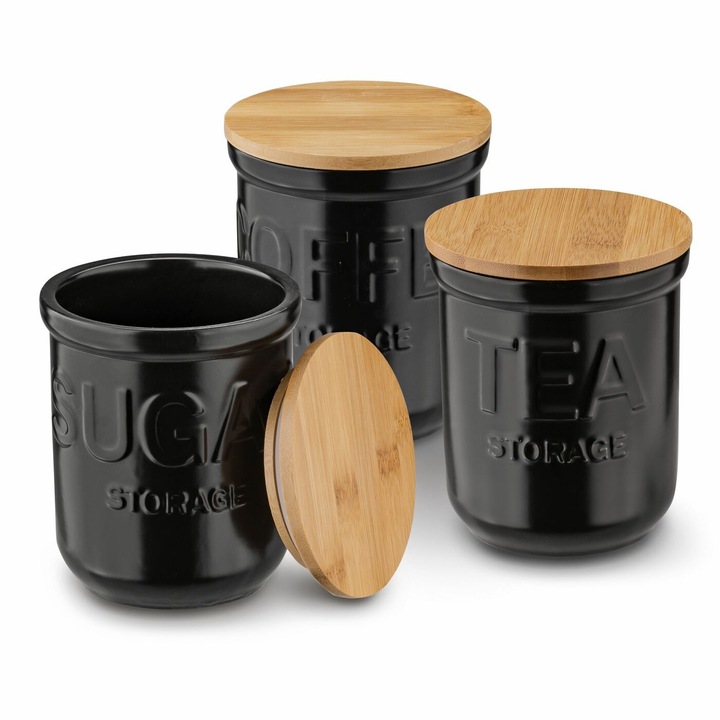 Set 3 Pojemnice Ceramice Konighoffer pentru Cafea, Ceai, Zahar, Negru, 13,8x11,2cm