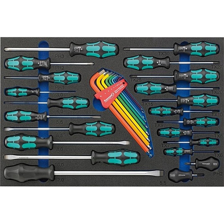 Set modul scule 3/3, 28 piese, 348x519mm, cu 7 surubelnite plate si 3 surubelnite cruciforme