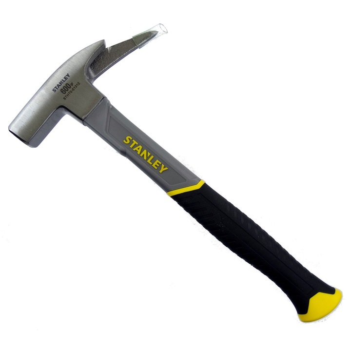 Чук дърводелски Stanley 51-312, дръжка от фибростъкло, двукомпонентна противоплъзгаща дръжка, магнитен държач за пирони, 600 г, Многоцветен