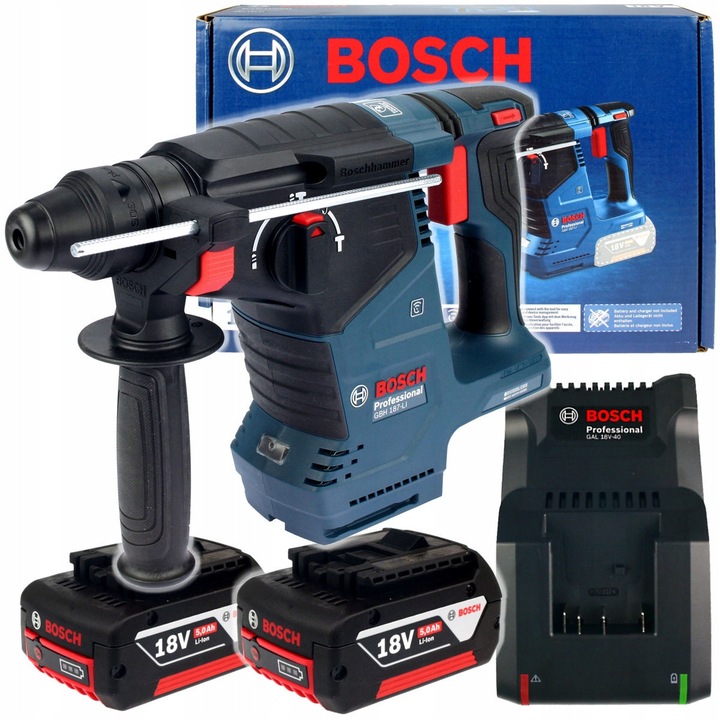 Mlotowiertarica Bosch GBH 187-LI, 2 acumulatori 18V 5,0Ah, 2,4J, SDS-Plus, cu incarcator rapid GAL 18V-40