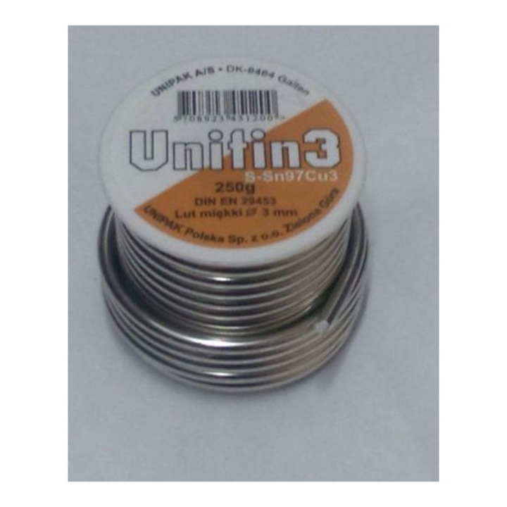 Мека спойка Unipak Unitin3 S-Sn97Cu3, 97% калай/3% мед, 3,0 мм, сребриста, 250 гр, без олово, одобрена по DVGW-GW 2