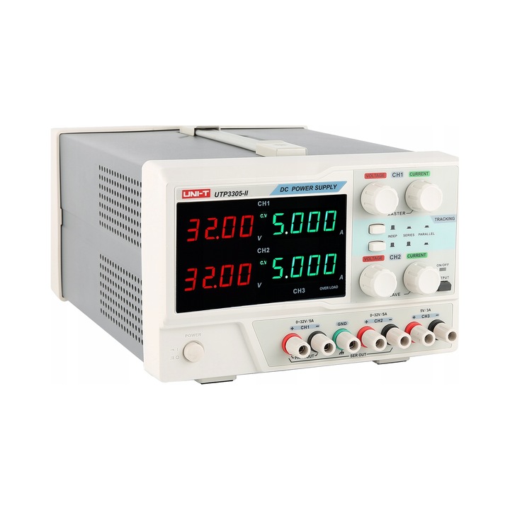 Sursa de alimentare DC de laborator UNI-T UTP3305-II reglabila 0-32V 0-5A, 335W, 3 canale (2x 0-32V/5A + 5V/3A), display LED, alb/gri, 1 buc
