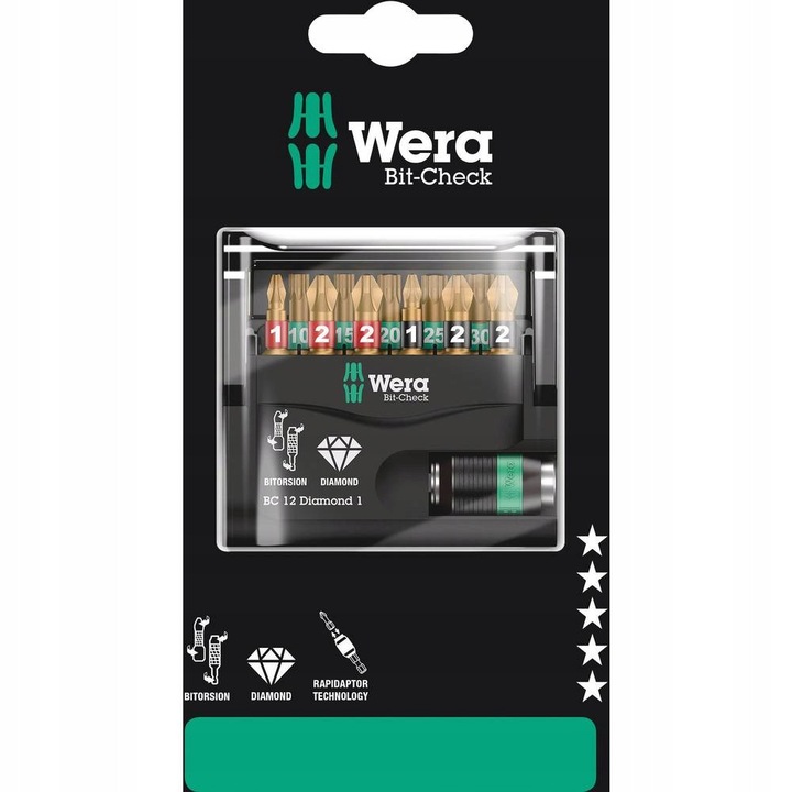 Комплект битове Wera Bit-Check 12 Diamond, с диамантени накрайници, зона BiTorsion и държач Rapidaptor 1/4 x 50 mm, Многоцветен, 12 части