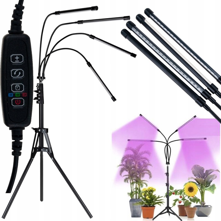 Lampa LED pentru cresterea plantelor Martom, 4 panouri, rosu si albastru, 73-153 cm