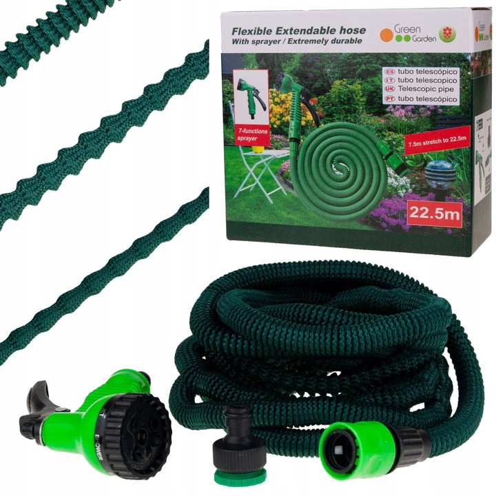 Разтегателен градински маркуч Martom 7,5-22,5 м с пистолет за пръскане със 7 функции, 1 кг, многоцветен