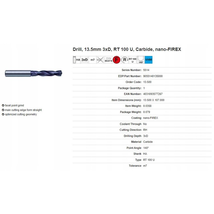 Set de burghie GUHRING 3xD 13,50mm, cu prindere DIN 6535-HA, pentru materiale dure