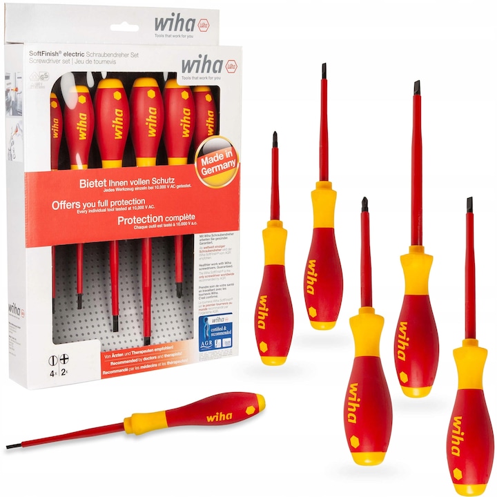 Set 6 surubelnite izolate pentru electricieni, Wiha, 1000 V, ergonomice, rosu/galben