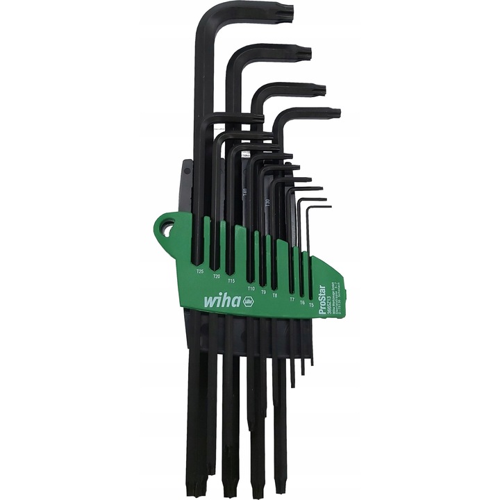 Set chei Torx WIHA ProStar 24312, din otel crom-vanadiu calit, cu varf sferic 25° si suport ProStar pentru extragere usoara, negru/verde, 13 piese