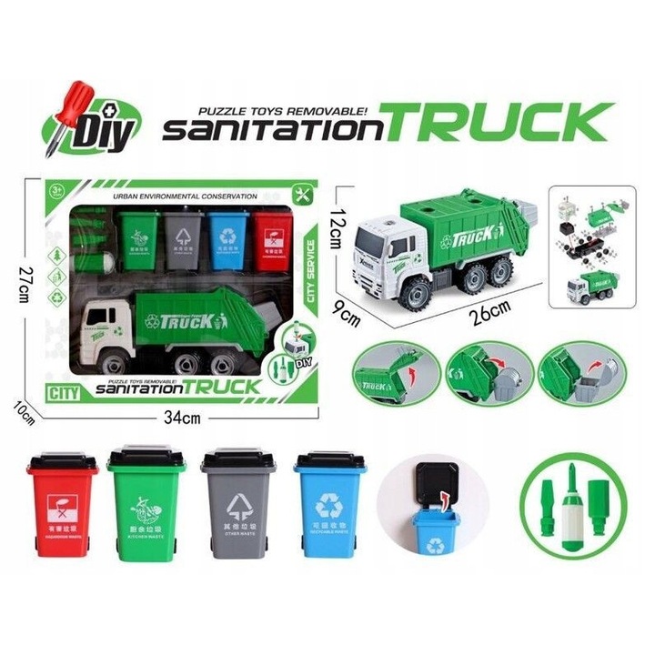 Камион за боклук играчка, ChRLD, комплект за механик, 4 коша за рециклиране, 33,5x27x10см