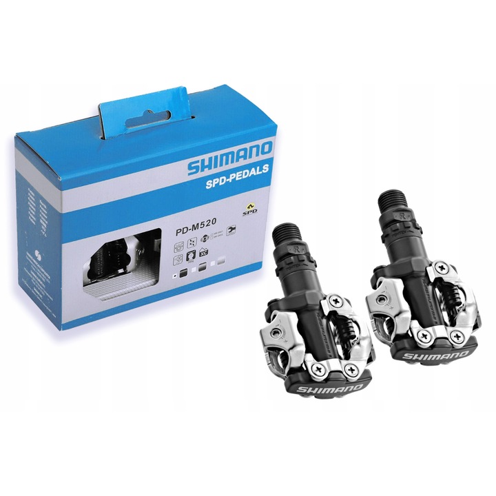 Pedale SPD Shimano PD-M520, ax Cr-Mo, rulmenti cu bile, cu blocuri SM-SH51 incluse, negru/silver, pereche