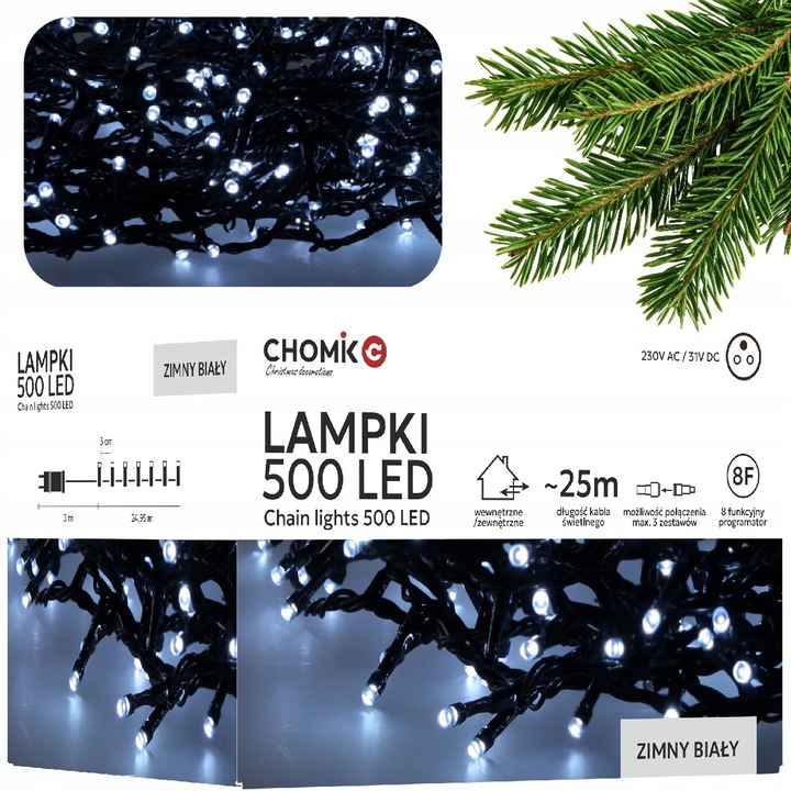 Chomik LED lámpák, 500 LED, hideg fehér, 28m, IP44, szett