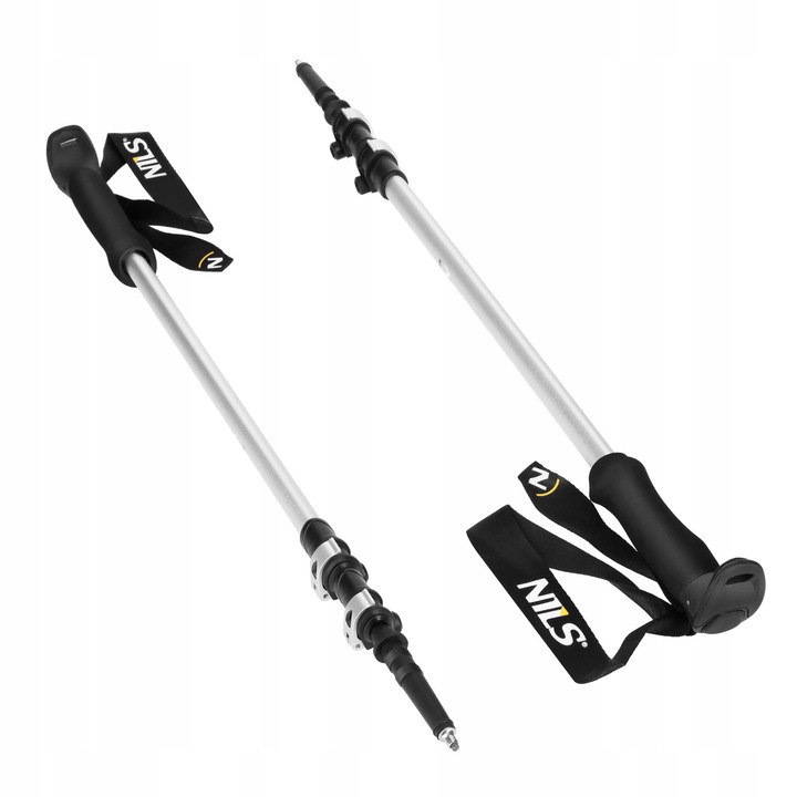 Nils TK8602 trekking botok, 3 szekciós teleszkópos botok, 6061/7075 alumíniumból, műanyag és EVA hab markolatok, 65-135 cm teleszkópos állítás, ezüst/fekete
