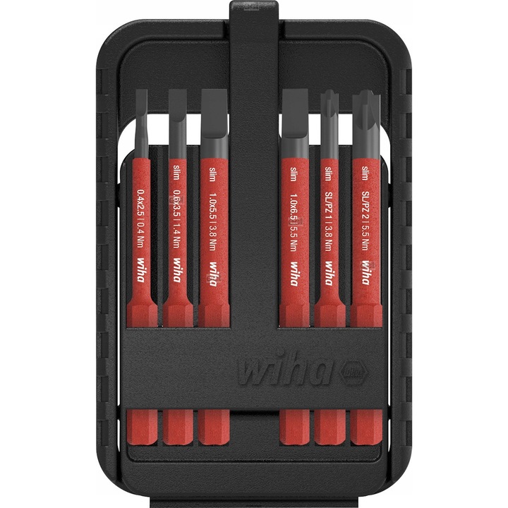 Wiha SlimBit, VDE szigetelt, cserélhető bitkészlet, 6 részes, egyenes és keresztfejű csavarokhoz, 6 mm